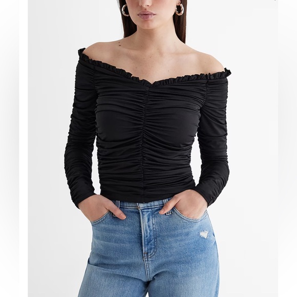 Black Body Contour Compression Off The Shoulder Ruched Tee express womens NEW - Picture 1 of 5